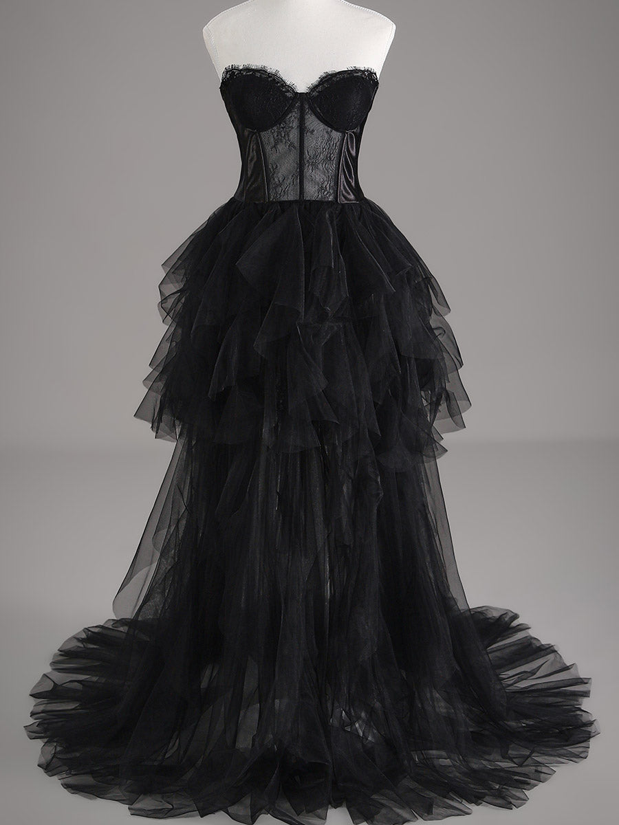 Black Strapless Wedding Dress A-line Tulle Affordable Gowns Black / US:10-12 Black Strapless Wedding Dress A-line Tulle Affordable Gowns Black / US:10-12