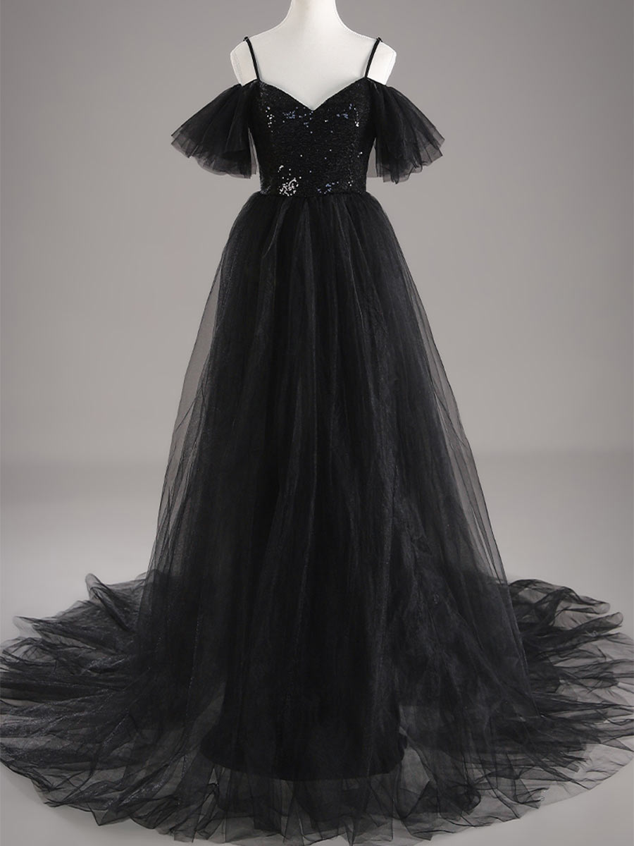 Black Sequin Wedding Dress A line Tulle Flutter Sleeves Black / US:8-10 Black Sequin Wedding Dress A line Tulle Flutter Sleeves Black / US:8-10