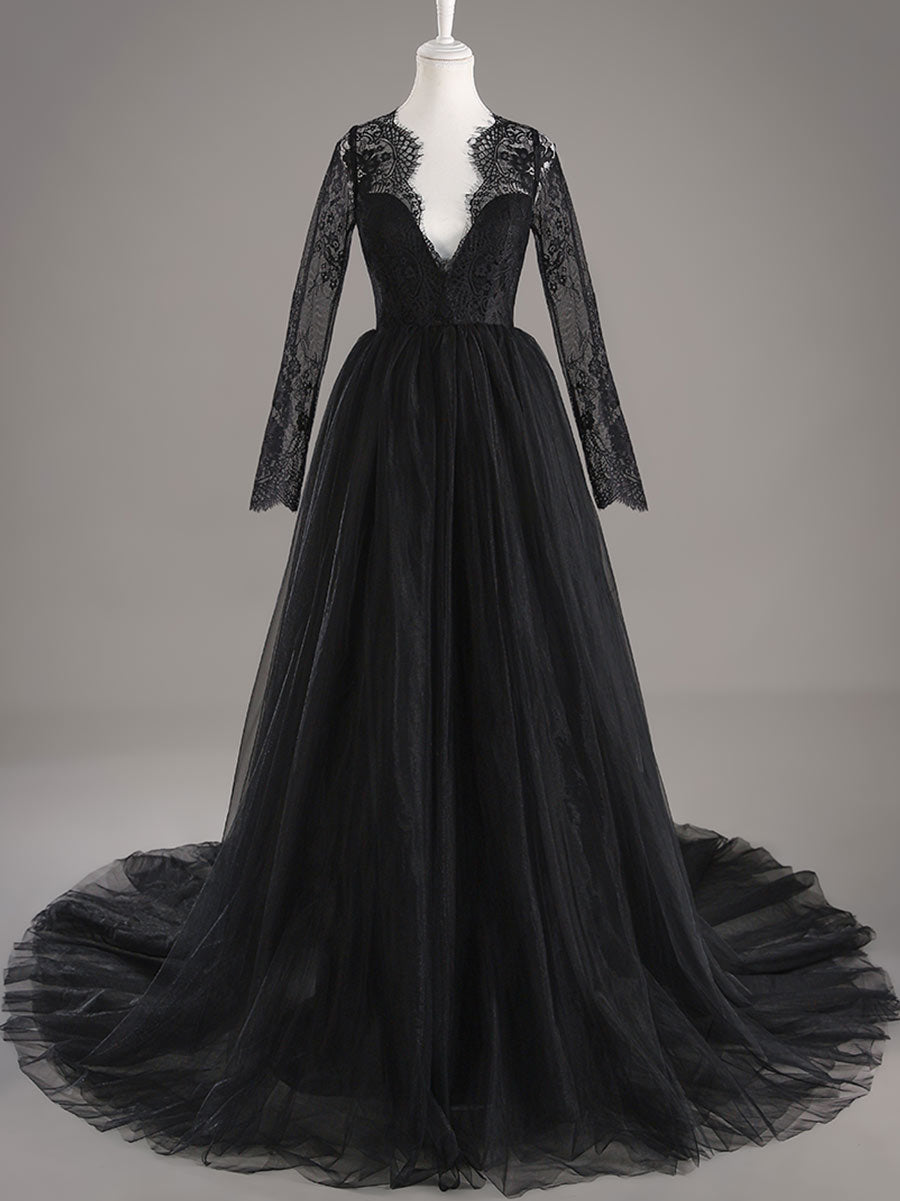 Black Lace Long Sleeve Wedding Dress A line V neck Tulle Gowns