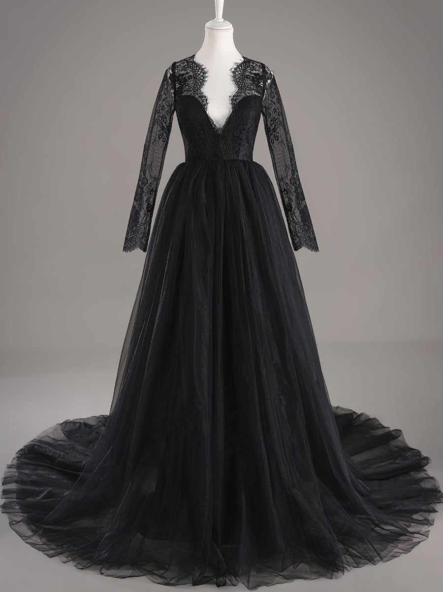 Black Lace Long Sleeve Wedding Dress A line V neck Tulle Gowns Black / Customization Black Lace Long Sleeve Wedding Dress A line V neck Tulle Gowns Black / Customization