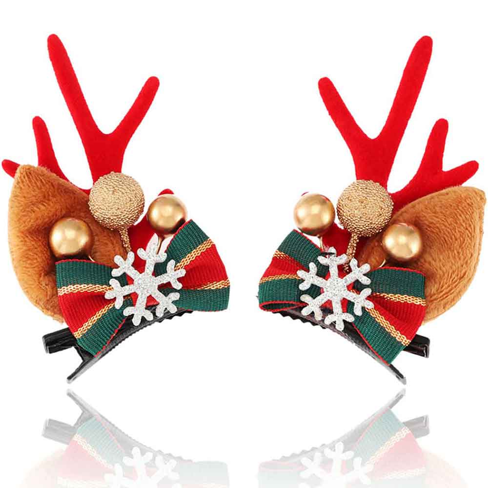 Red Velvet Reindeer Hair Clip - Christmas Snowflake Ribbon Hairpin
