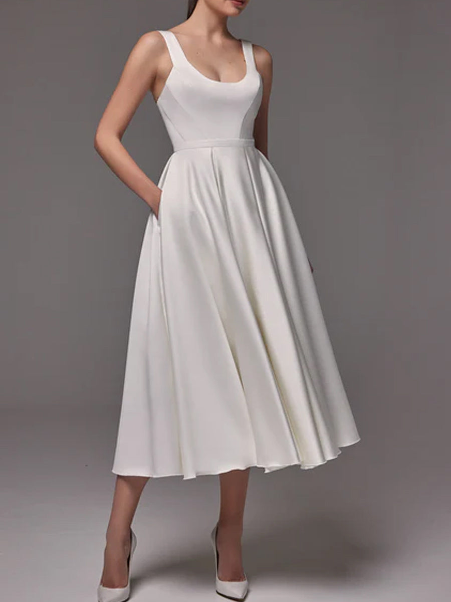 satin tea length wedding dress Satin Tea Length Wedding Dress With Scoop Neckline – BRIDALVENUS