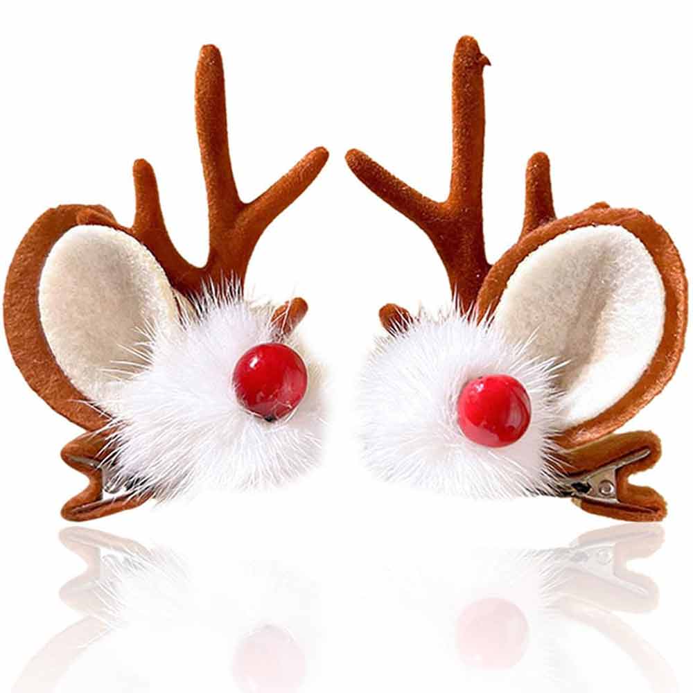 Christmas Reindeer Antler Hair Clips with Plush Ears and Red Berries HP015