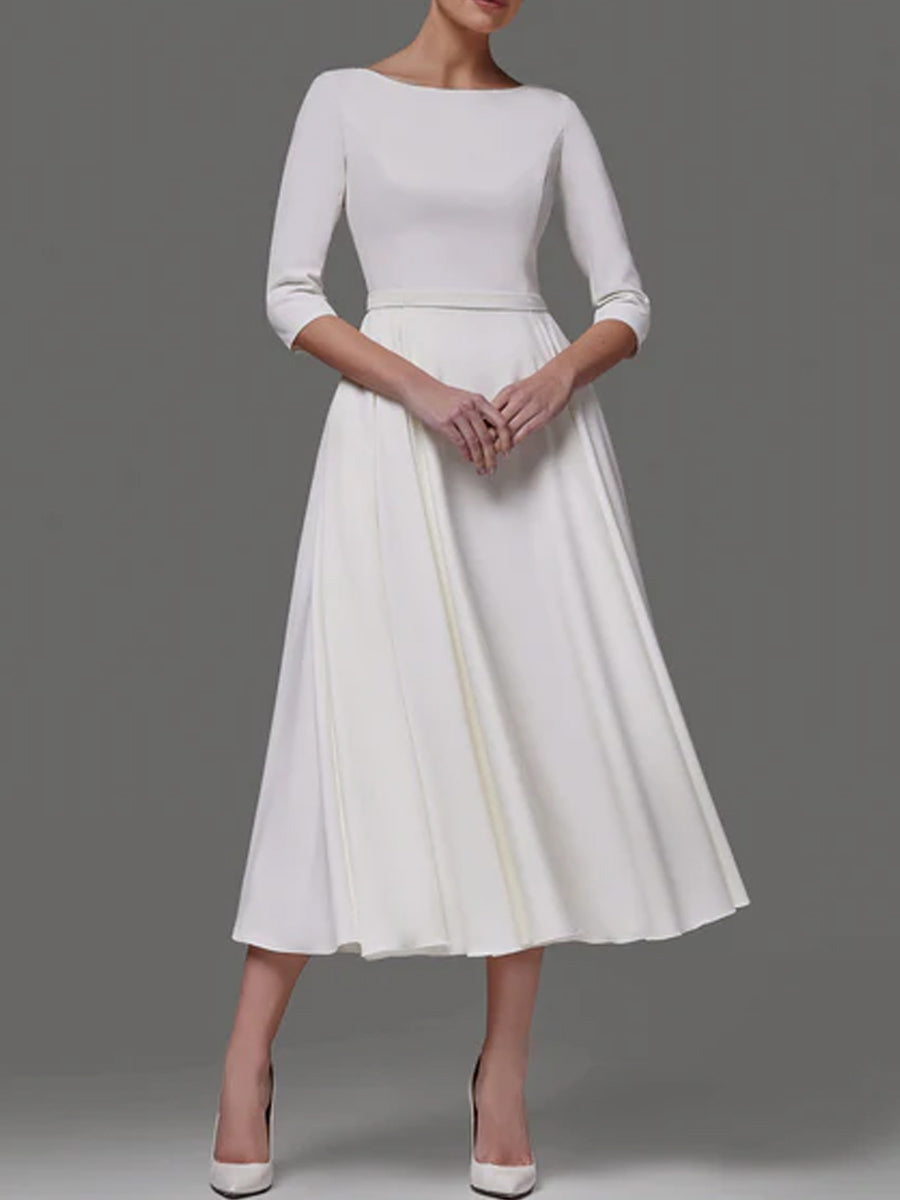 A Line Tea Length Wedding Dresses 3 4 Sleeve Satin Midi BRIDALVENUS A Line Tea Length Wedding Dresses 3 4 Sleeve Satin Midi BRIDALVENUS