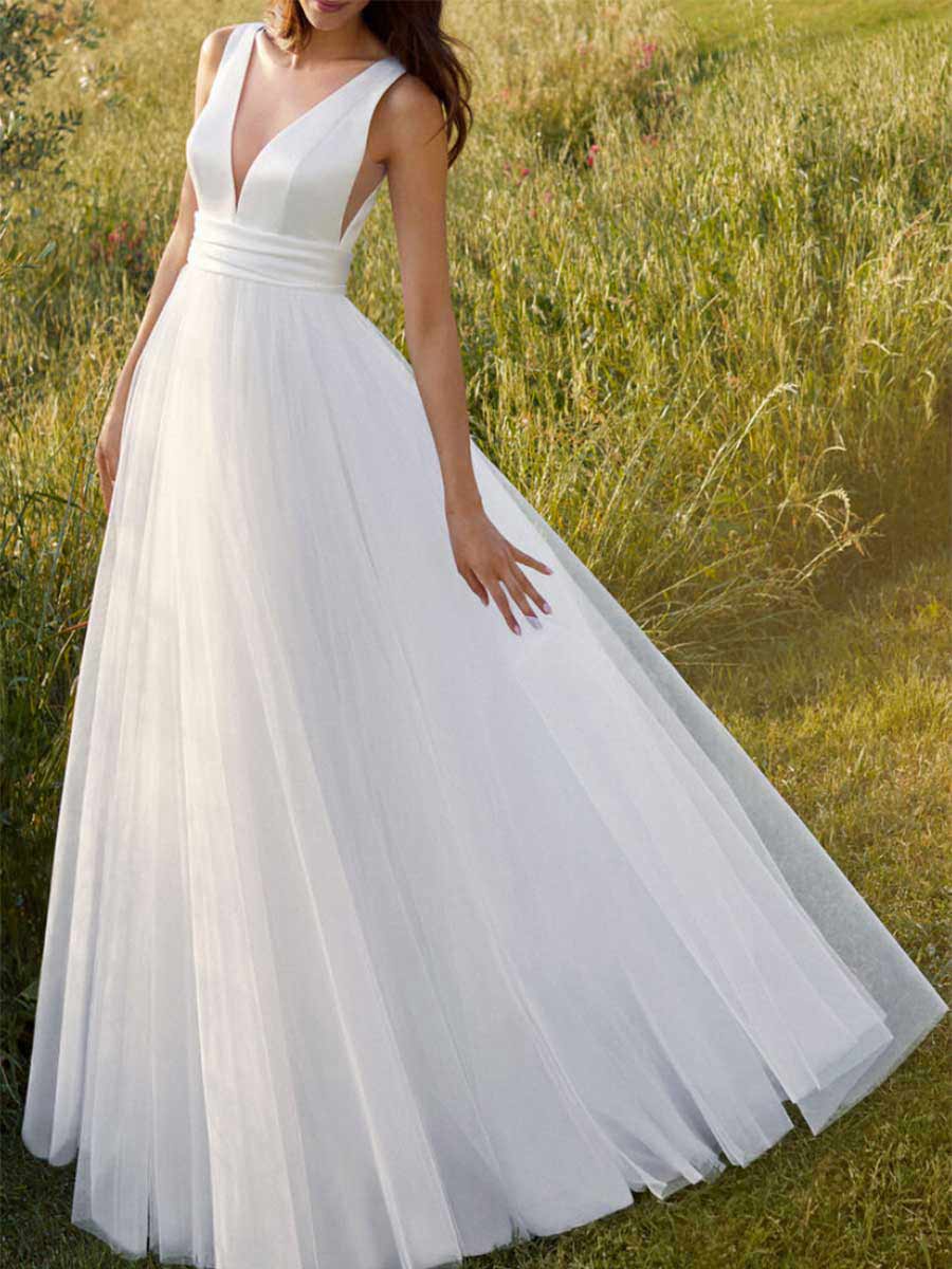 Modern A Line Wedding Dresses Sleeveless V Neck Organza White / US:10-12 Modern A Line Wedding Dresses Sleeveless V Neck Organza White / US:10-12