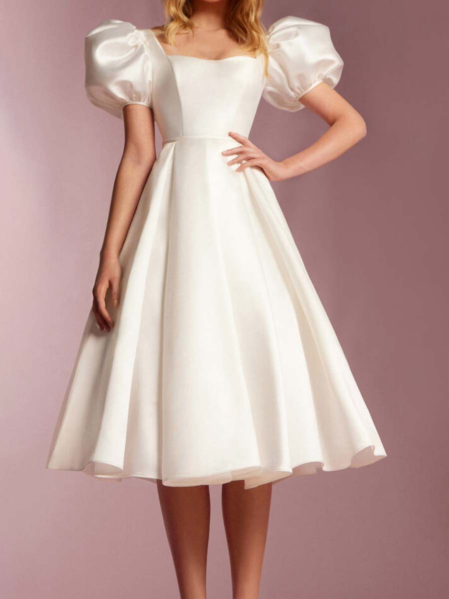 Vintage Tea Length Wedding Dresses A Line Puff Sleeve White / US:6-8 Vintage Tea Length Wedding Dresses A Line Puff Sleeve White / US:6-8