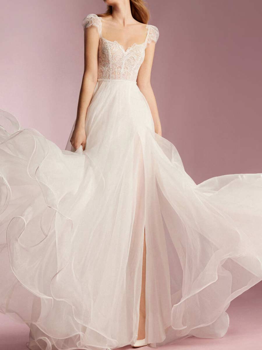 A-Line Wedding Dress with Cap Sleeves Square Neckline White / US:10-12 A-Line Wedding Dress with Cap Sleeves Square Neckline White / US:10-12