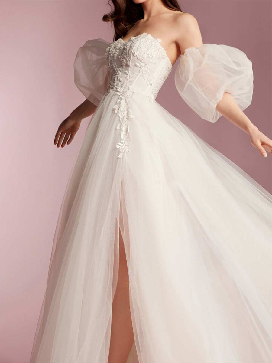 princess puffy wedding dress Princess Wedding Dress with Puff Short Sleeves Ball Gown Satin Bridal Dress AWD1844