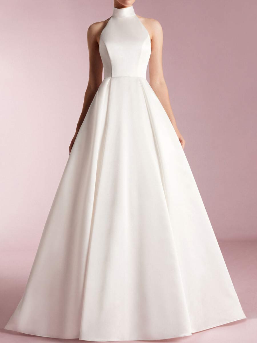 High Neck Sleeveless Wedding Dress Luxury Satin A-Line White / Customizable High Neck Sleeveless Wedding Dress Luxury Satin A-Line White / Customizable