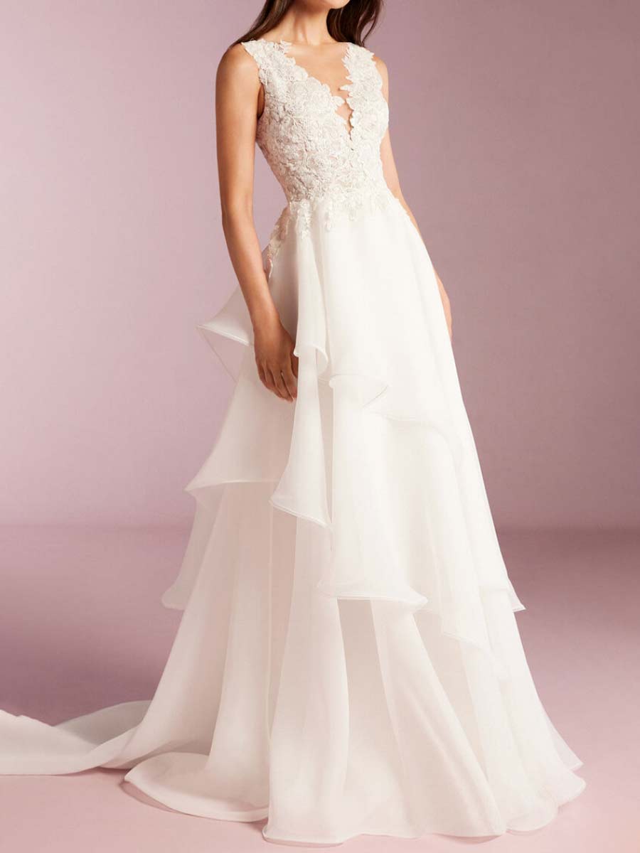 Layered Ruffle Wedding Dress Organza A-line V-Neck White / Customized Layered Ruffle Wedding Dress Organza A-line V-Neck White / Customized