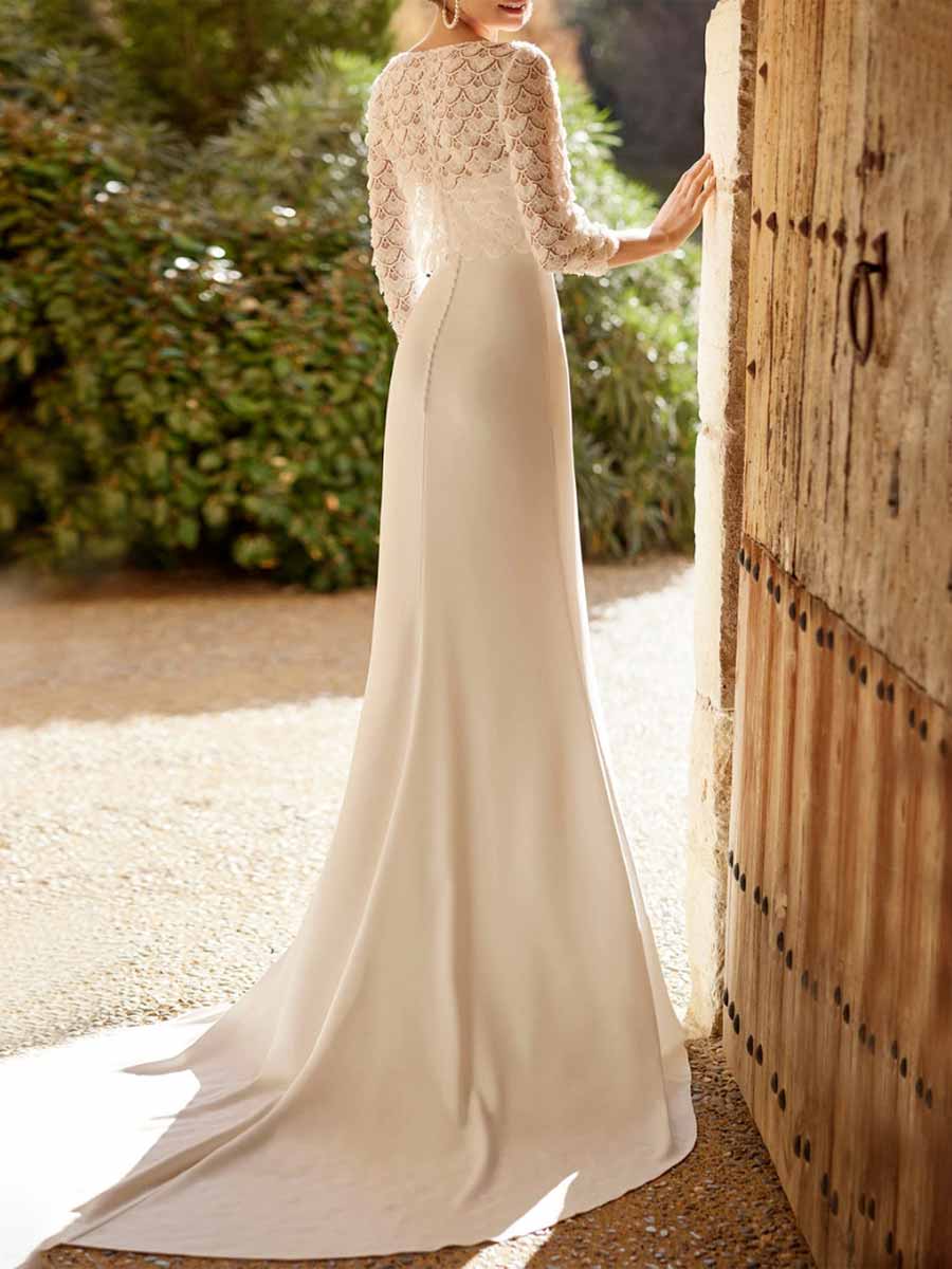 Long Sleeve 2 Piece Wedding Dress Column Satin