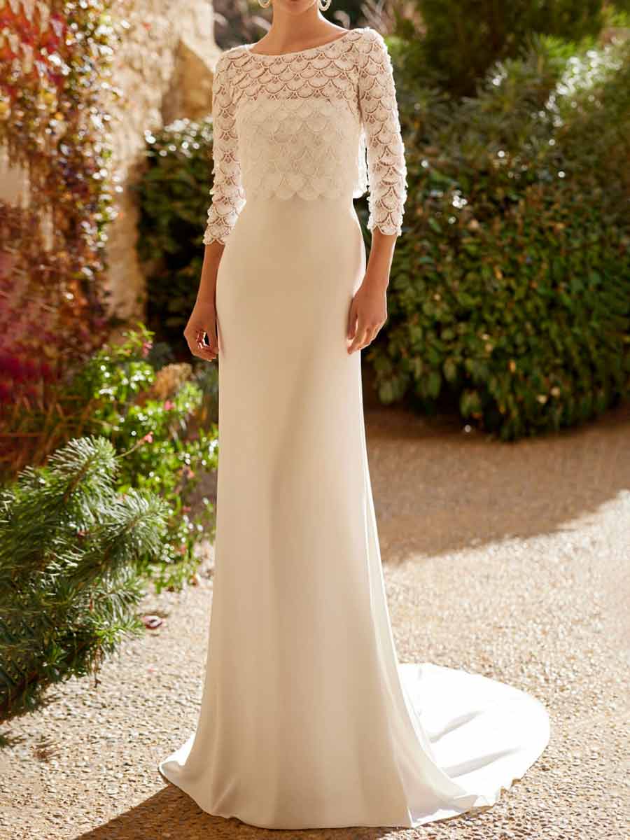 Long Sleeve 2 Piece Wedding Dress Column Satin