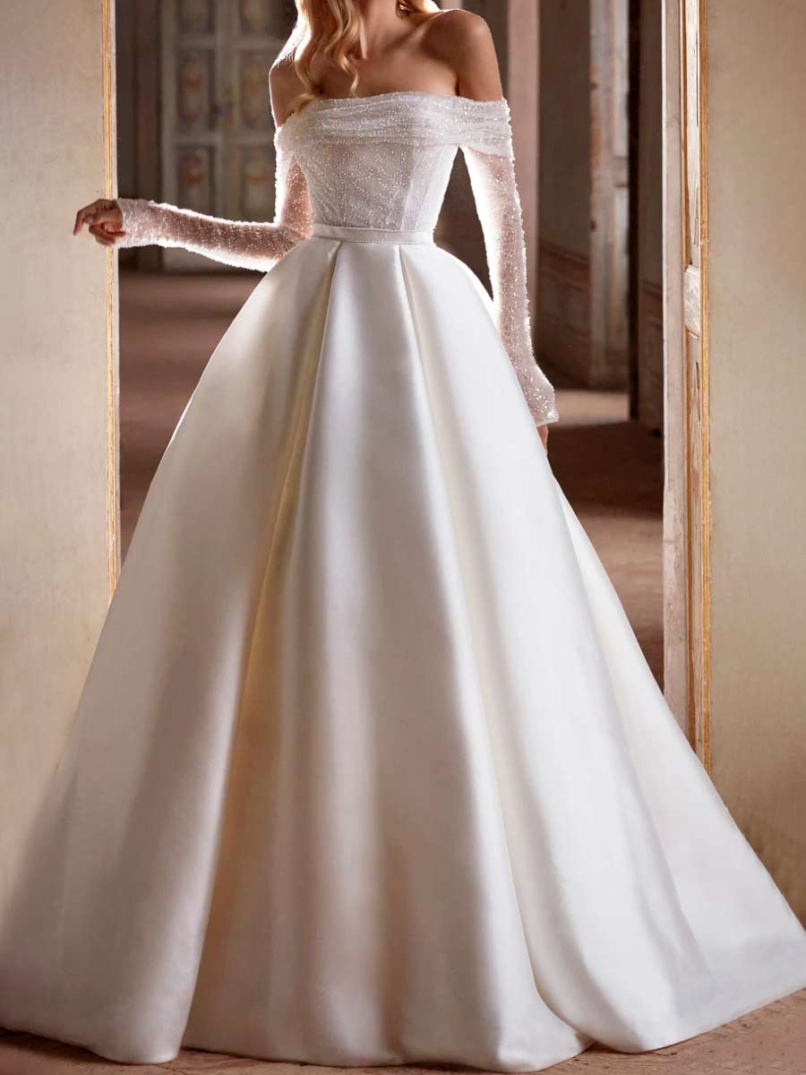 Princess Glitter Wedding Dresses Long Sleeves Strapless Ball Gown Bridal  Gowns