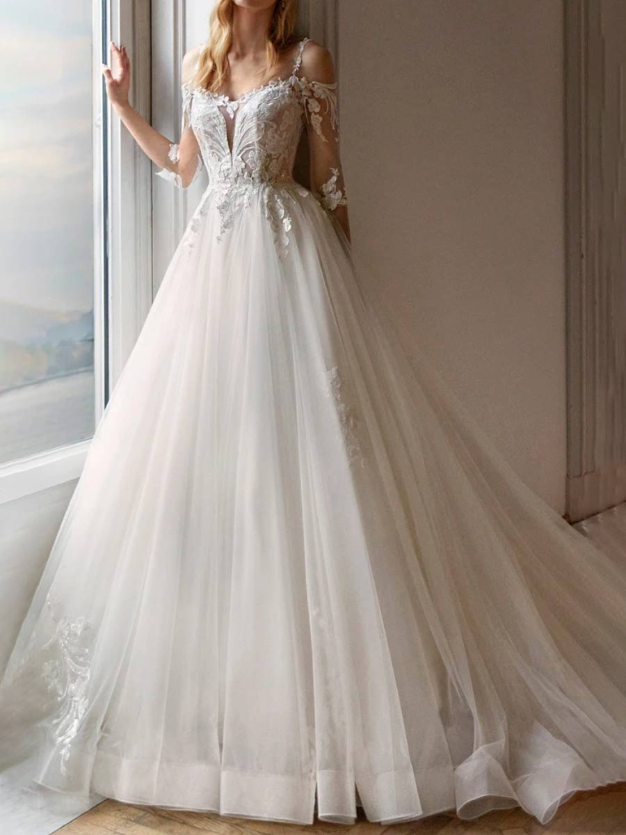 Vintage A Line Wedding Dresses Princess Tulle V-Neck White / Customization Vintage A Line Wedding Dresses Princess Tulle V-Neck White / Customization