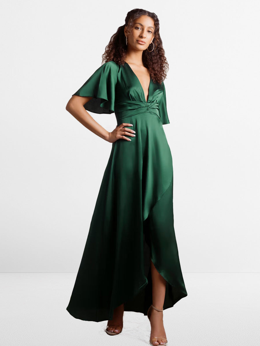 Emerald Green Satin Maxi Bridesmaid Dress, Flutter Sleeves, V-Neck Gowns BRIDALVENUS Emerald Green Satin Maxi Bridesmaid Dress, Flutter Sleeves, V-Neck Gowns BRIDALVENUS