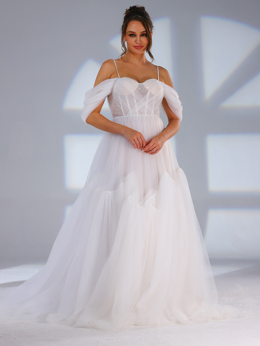 Tiered Tulle Wedding Dress A line Off The Shoulder Light Up