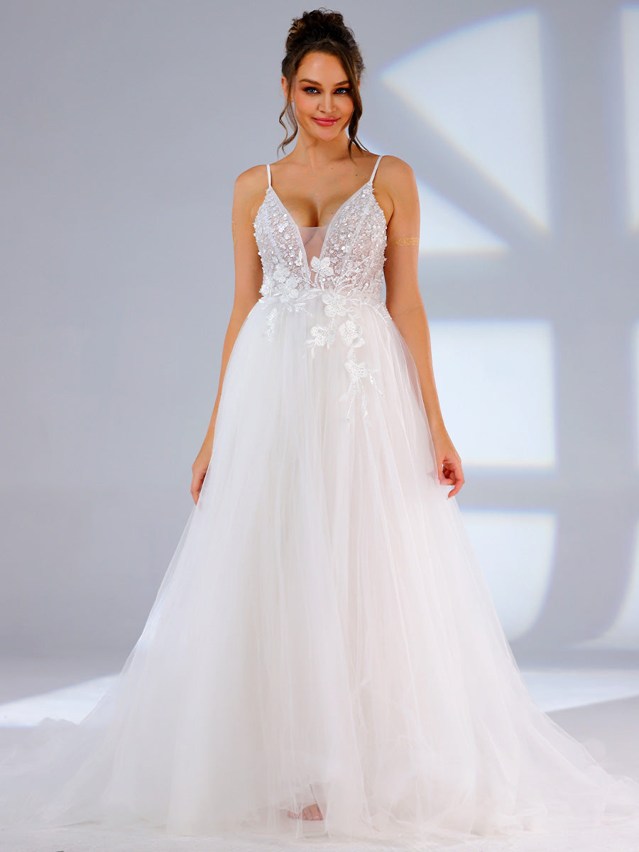 Plunging V Neck Wedding Dress A line Slip Applique Light Up BRIDALVENUS Plunging V Neck Wedding Dress A line Slip Applique Light Up BRIDALVENUS