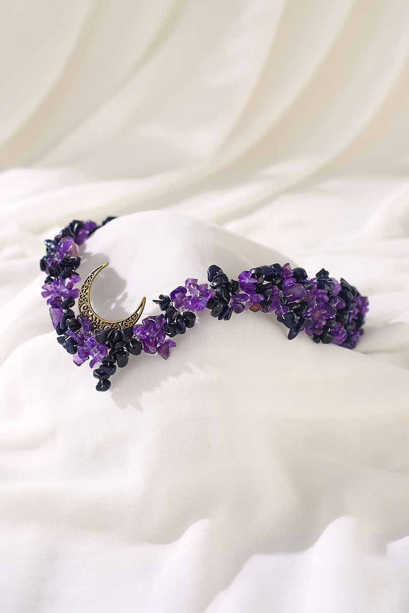 Purple Crystal Raw Stone Bridal Handmade Moon Crown 
