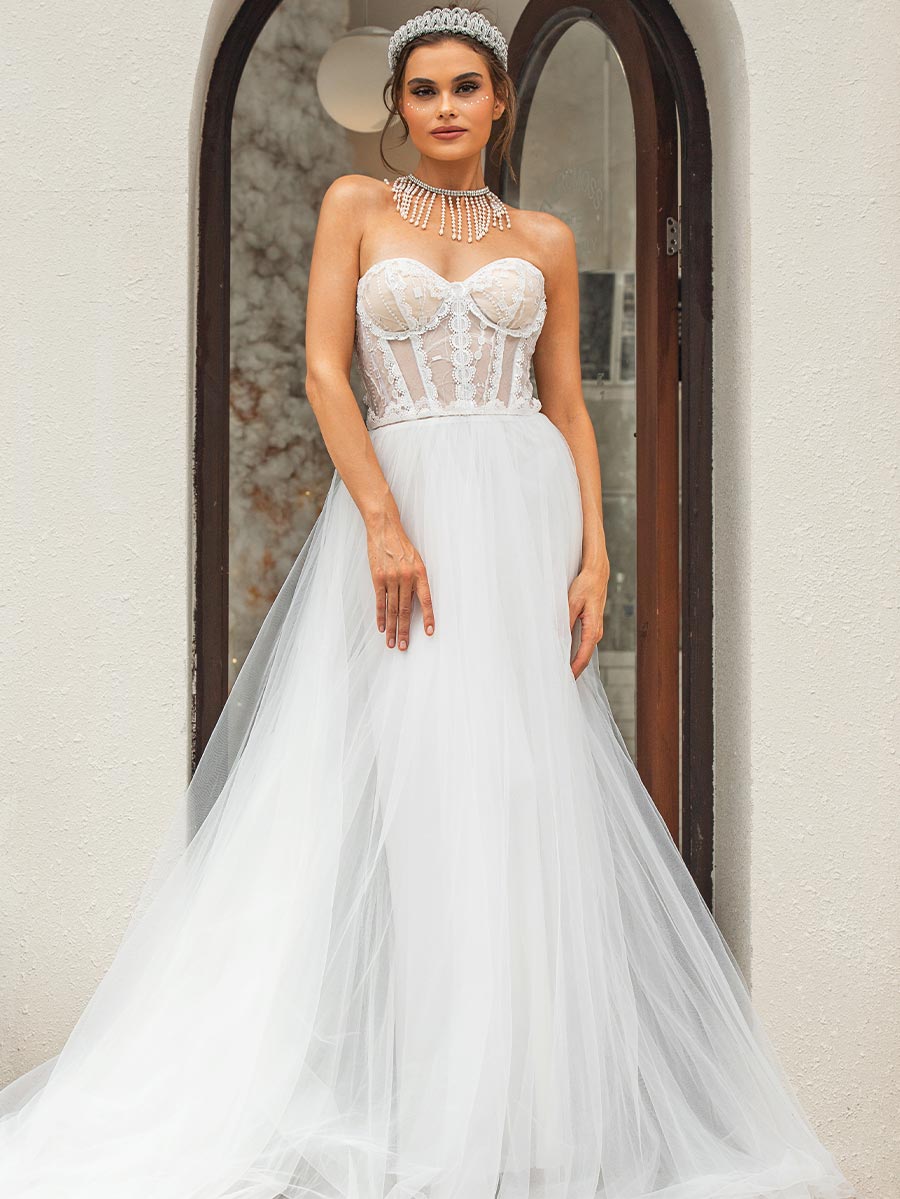 Sweetheart Neckline Princess Wedding Dress Tulle A-line White / Customization Sweetheart Neckline Princess Wedding Dress Tulle A-line White / Customization