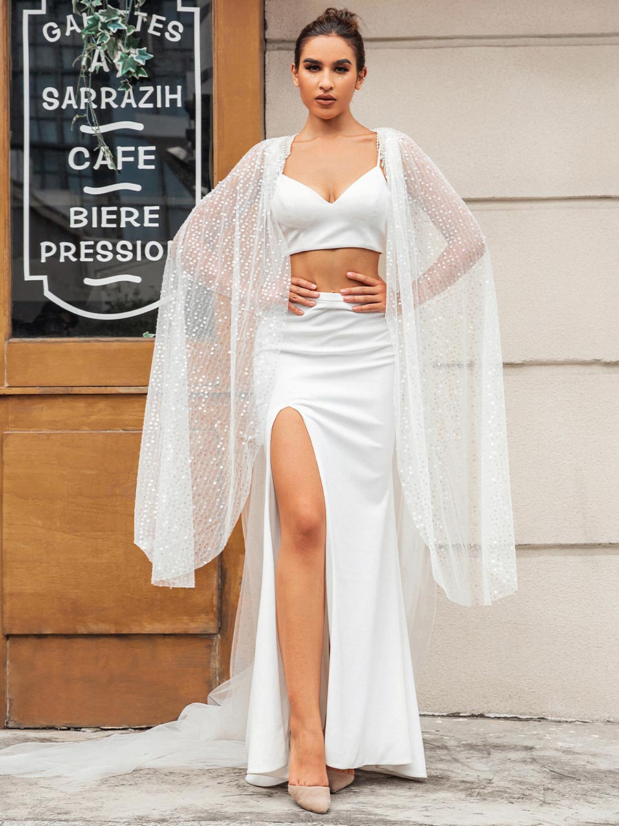 Two Piece Boho Wedding Dress With Double Layered cape White / US:10-12 Two Piece Boho Wedding Dress With Double Layered cape White / US:10-12