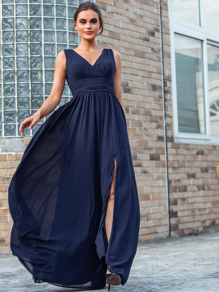 Navy Blue Chiffon Bridesmaid Dress V-Neck Sleeveless Dark Blue / 10 Navy Blue Chiffon Bridesmaid Dress V-Neck Sleeveless Dark Blue / 10