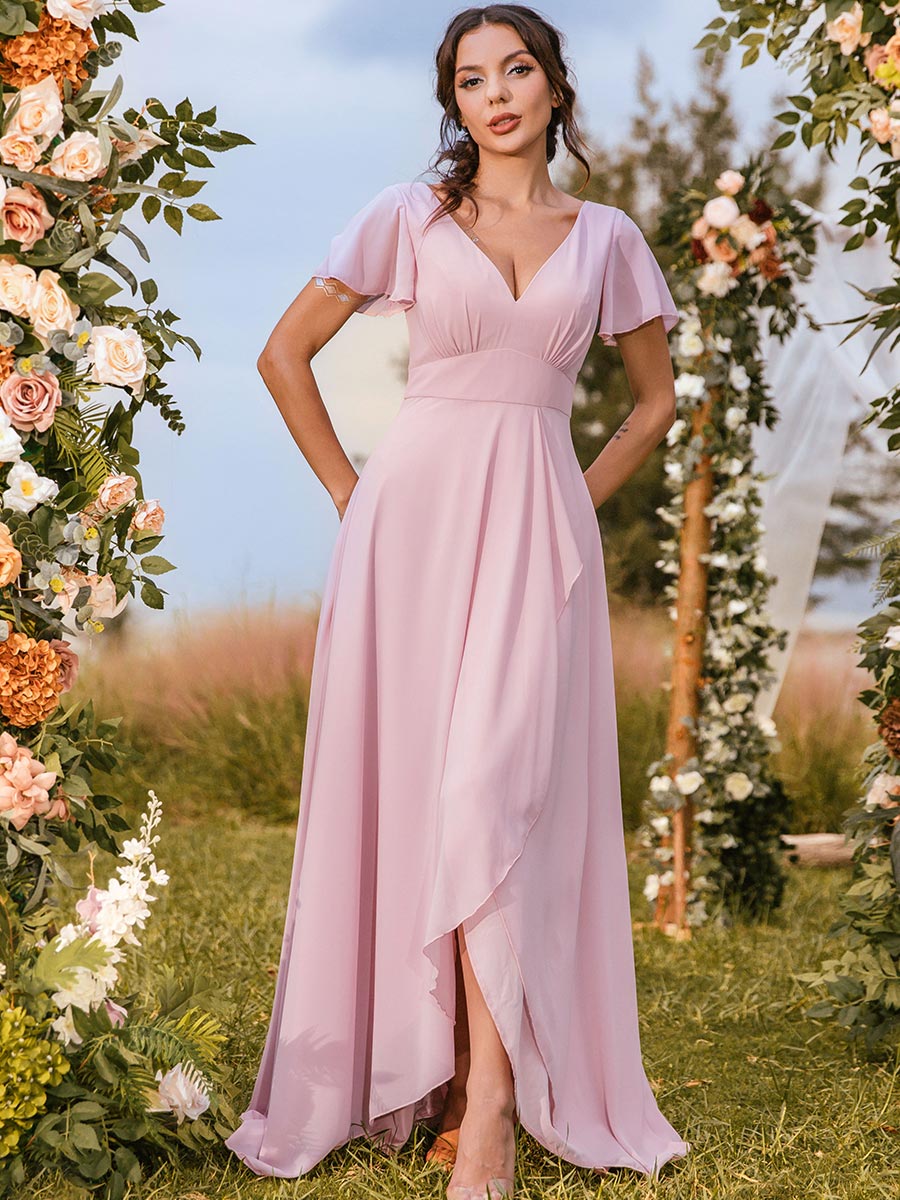 Pink Chiffon Bridesmaid Dresses Petite Garden V Neck – BRIDALVENUS