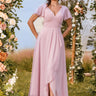 Pink Chiffon Bridesmaid Dresses Petite Garden V Neck