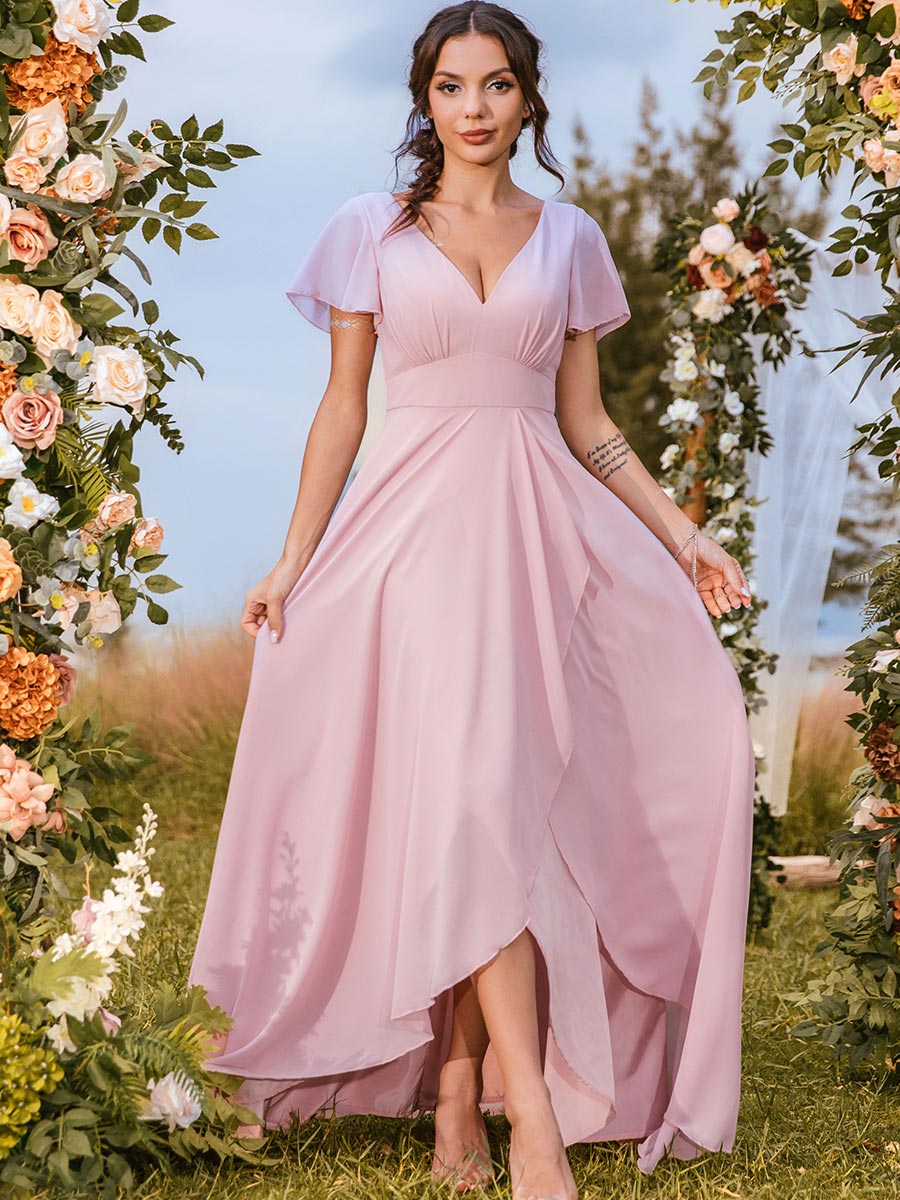 Flutter Sleeve V-Neck Chiffon Slit Bridesmaid Guest Dresses BGDS015