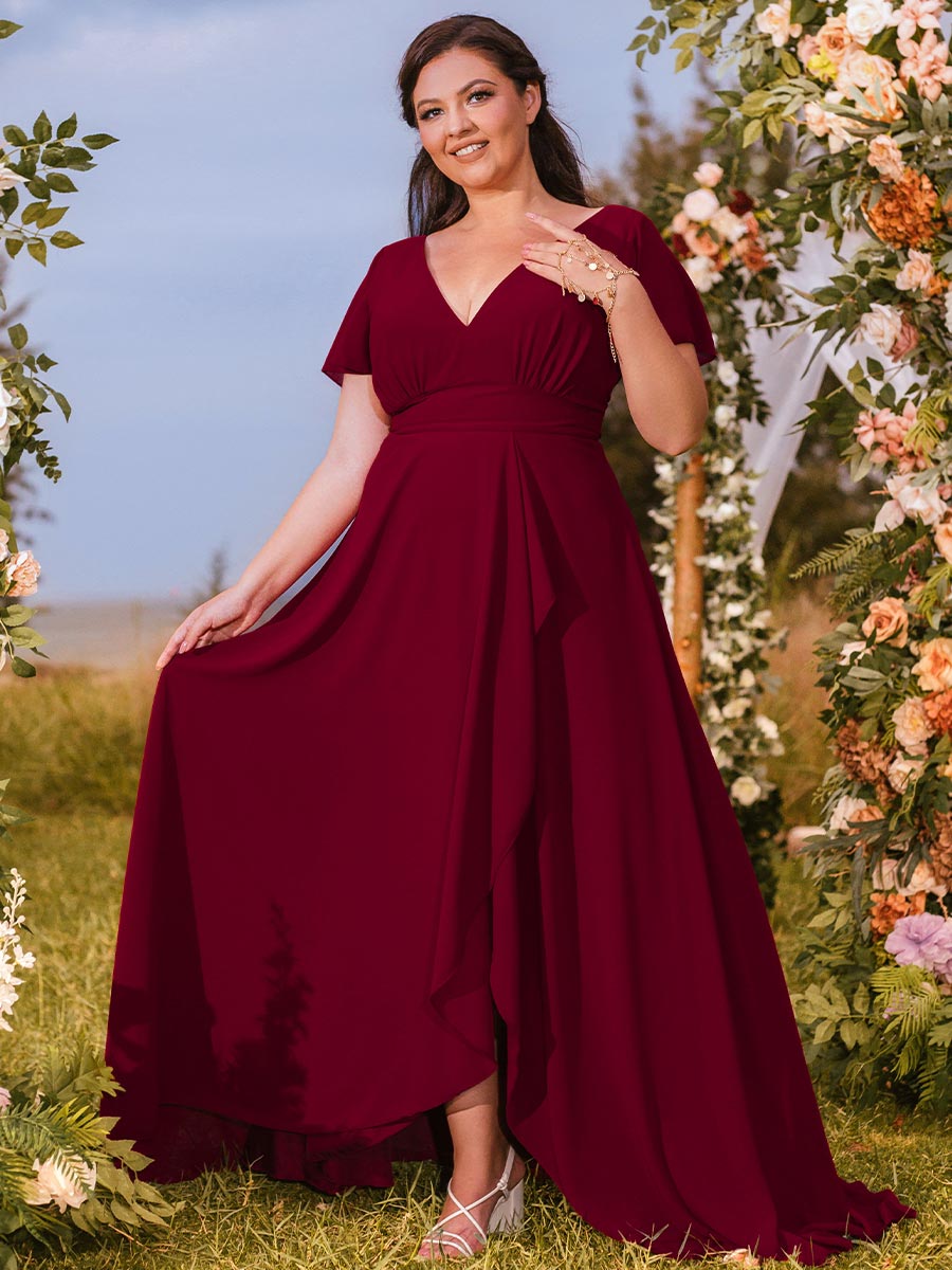 2024 Plus Size Red Bridesmaid Dresses V Neck Chiffon Burgundy / 16 2024 Plus Size Red Bridesmaid Dresses V Neck Chiffon Burgundy / 16