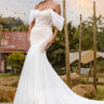 Elegant off-shoulder mermaid rustic wedding dress with lace appliques
