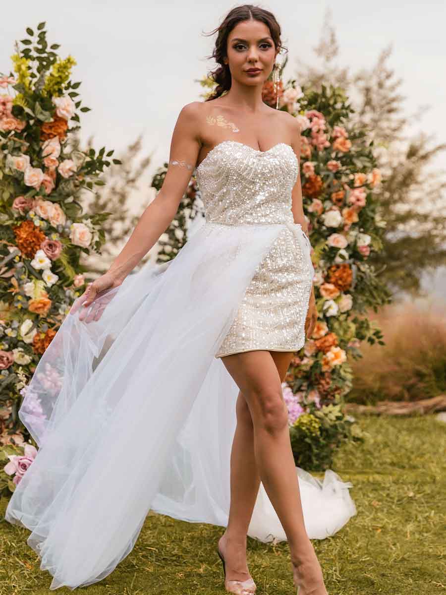 2025 Short Wedding Dress with Detachable Skirt Glittering Gowns Champagne / US:10-12 2025 Short Wedding Dress with Detachable Skirt Glittering Gowns Champagne / US:10-12