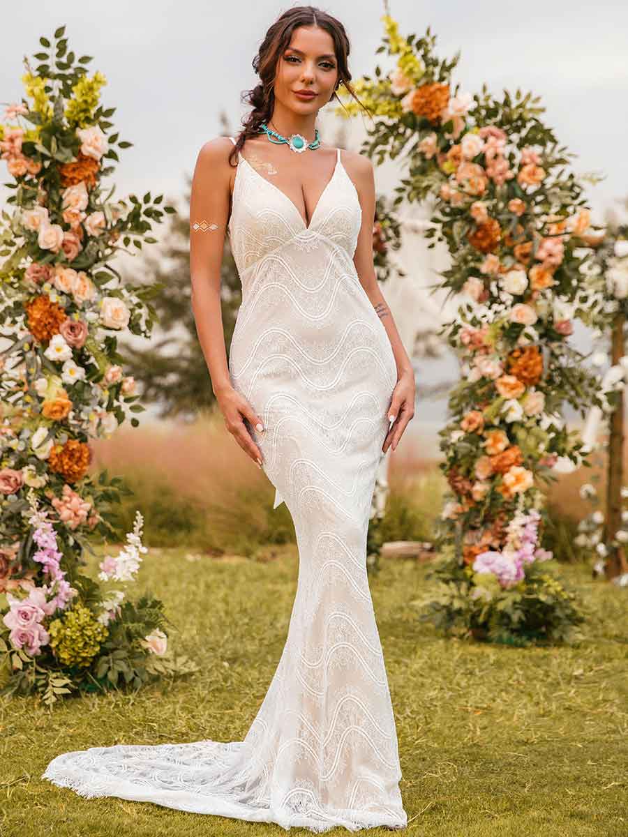 V Neck Mermaid Wedding Dresses Boho Lace Slip Overlay BRIDALVENUS V Neck Mermaid Wedding Dresses Boho Lace Slip Overlay BRIDALVENUS