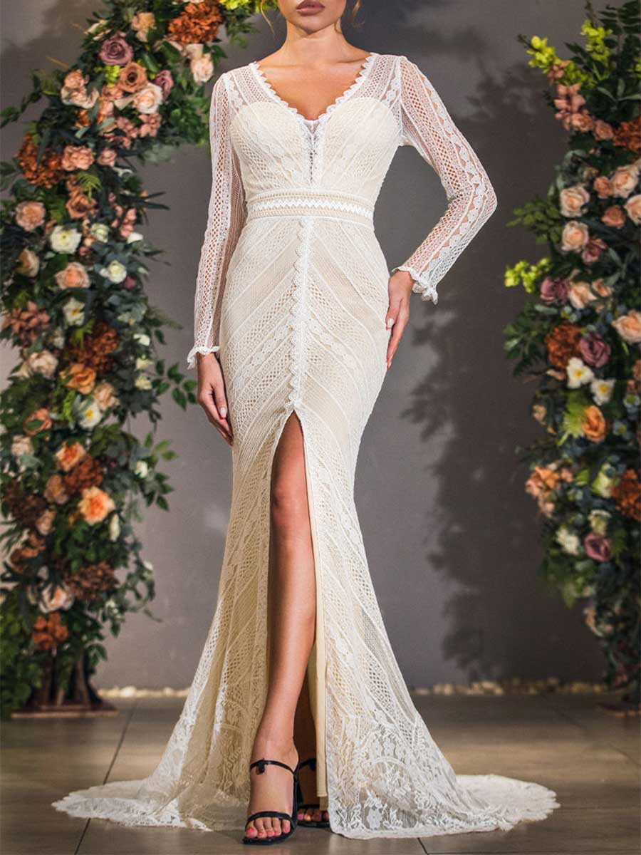 Winter Lace Long Sleeve V Neck Mermaid Wedding Dress White / US:10-12 Winter Lace Long Sleeve V Neck Mermaid Wedding Dress White / US:10-12