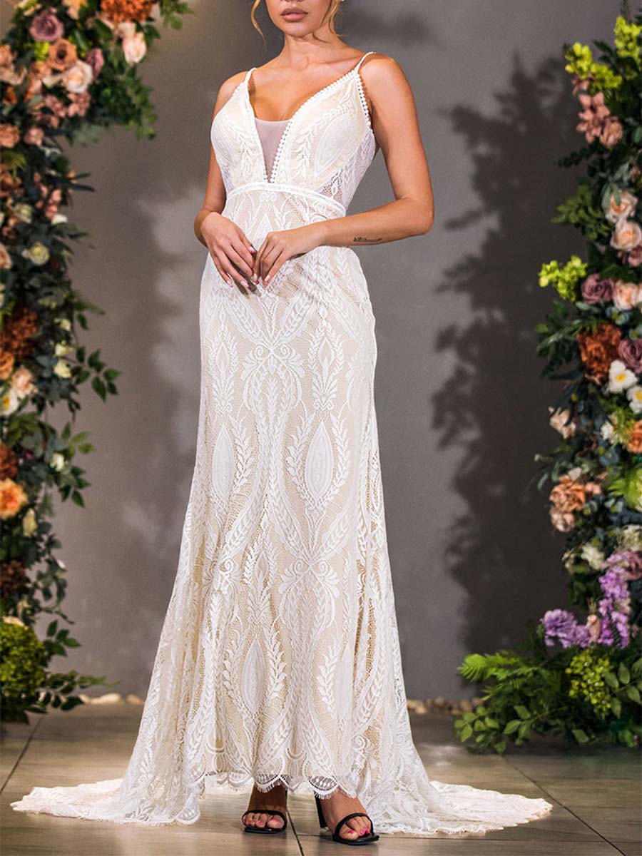 V Neck Sheath Wedding Dress Affordable Slip Lace Sleeveless White / US:4-6 V Neck Sheath Wedding Dress Affordable Slip Lace Sleeveless White / US:4-6