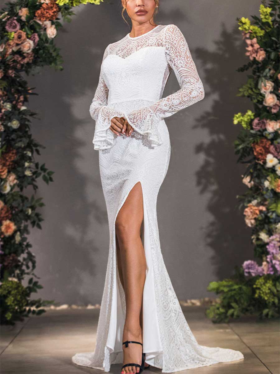 Long Lace Bell Sleeve Wedding Dress Open Back Mermaid White / US:10-12 Long Lace Bell Sleeve Wedding Dress Open Back Mermaid White / US:10-12