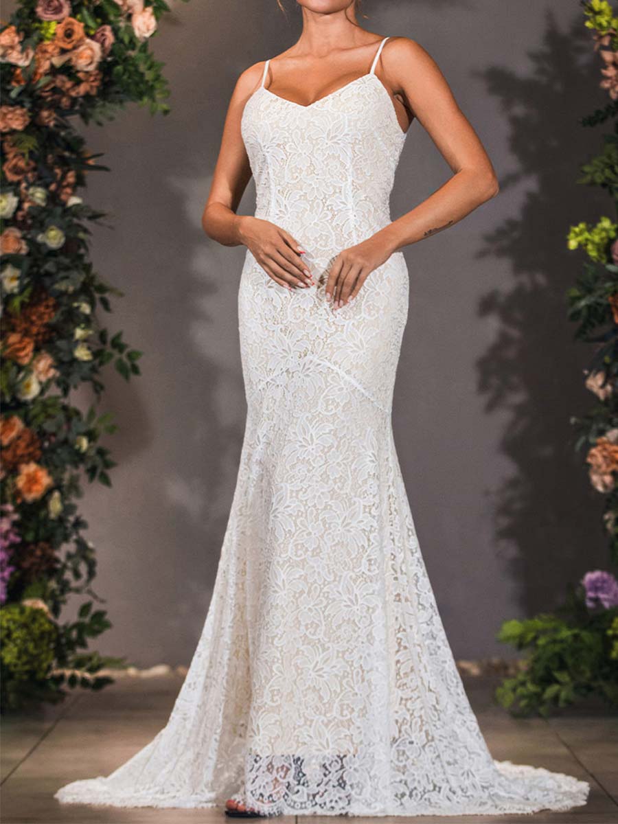 2025 Mermaid Slip Wedding Dress With Lace Overlay White / US:8-10 2025 Mermaid Slip Wedding Dress With Lace Overlay White / US:8-10