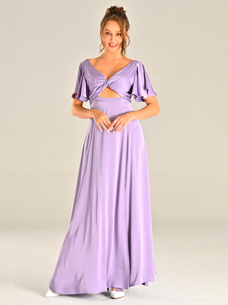 Lilac Satin Bridesmaid Dresses Flutter sleeves V Neck