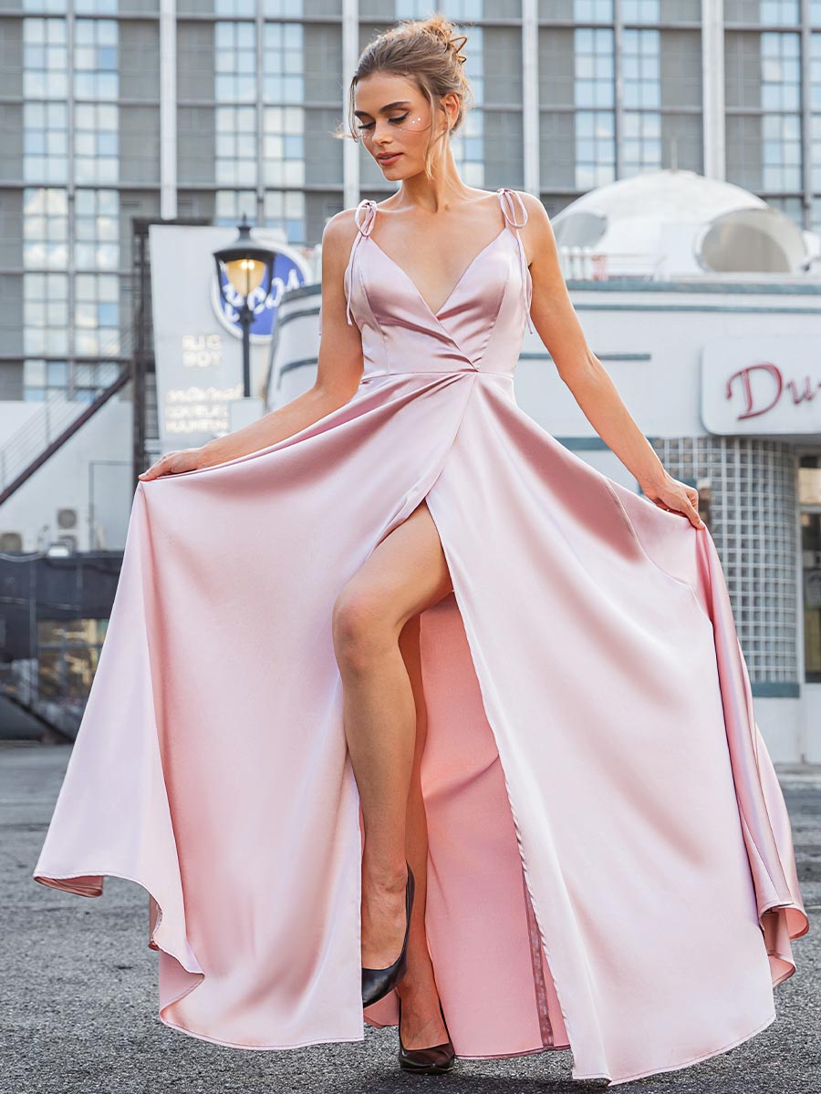 Pink Satin Bridesmaid Dresses V Neck Slip Sleeveless Pink / 12 Pink Satin Bridesmaid Dresses V Neck Slip Sleeveless Pink / 12