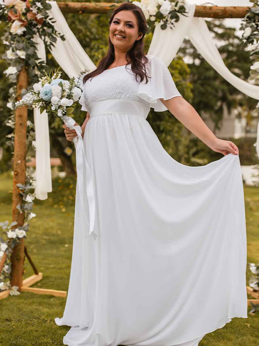 Plus Size Flutter Sleeve Wedding Dresses Chiffon A-line – BRIDALVENUS