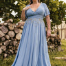 Steel Blue Bridesmaid Dresses Plus Size Flutter Sleeve V Neck
