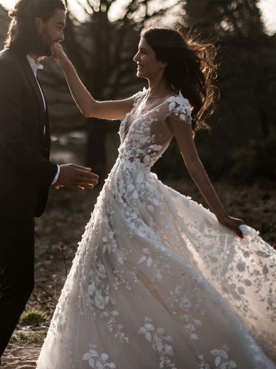 Lace Vintage Boho Wedding Dress With Sleeves Country – BRIDALVENUS