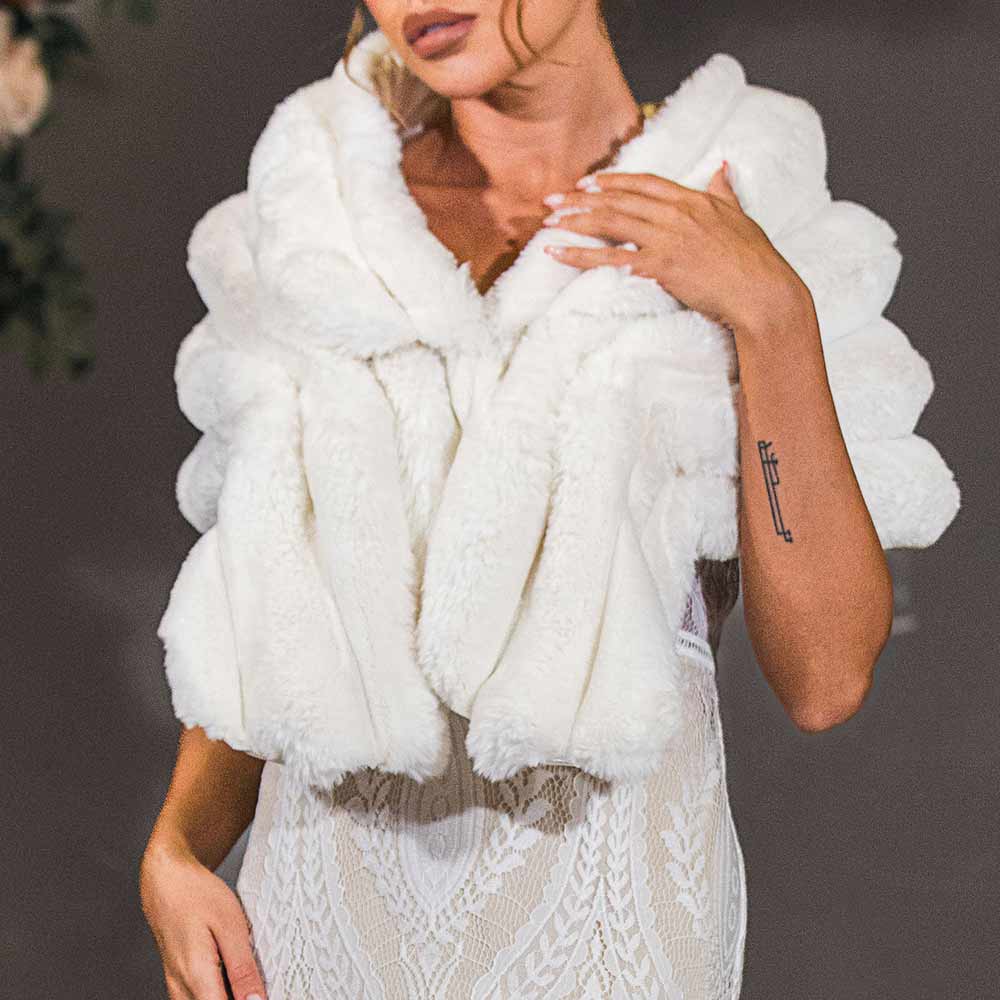 White Faux Fur Shawl Fall Winter Bridal Shrug Wrap Wedding Accessories