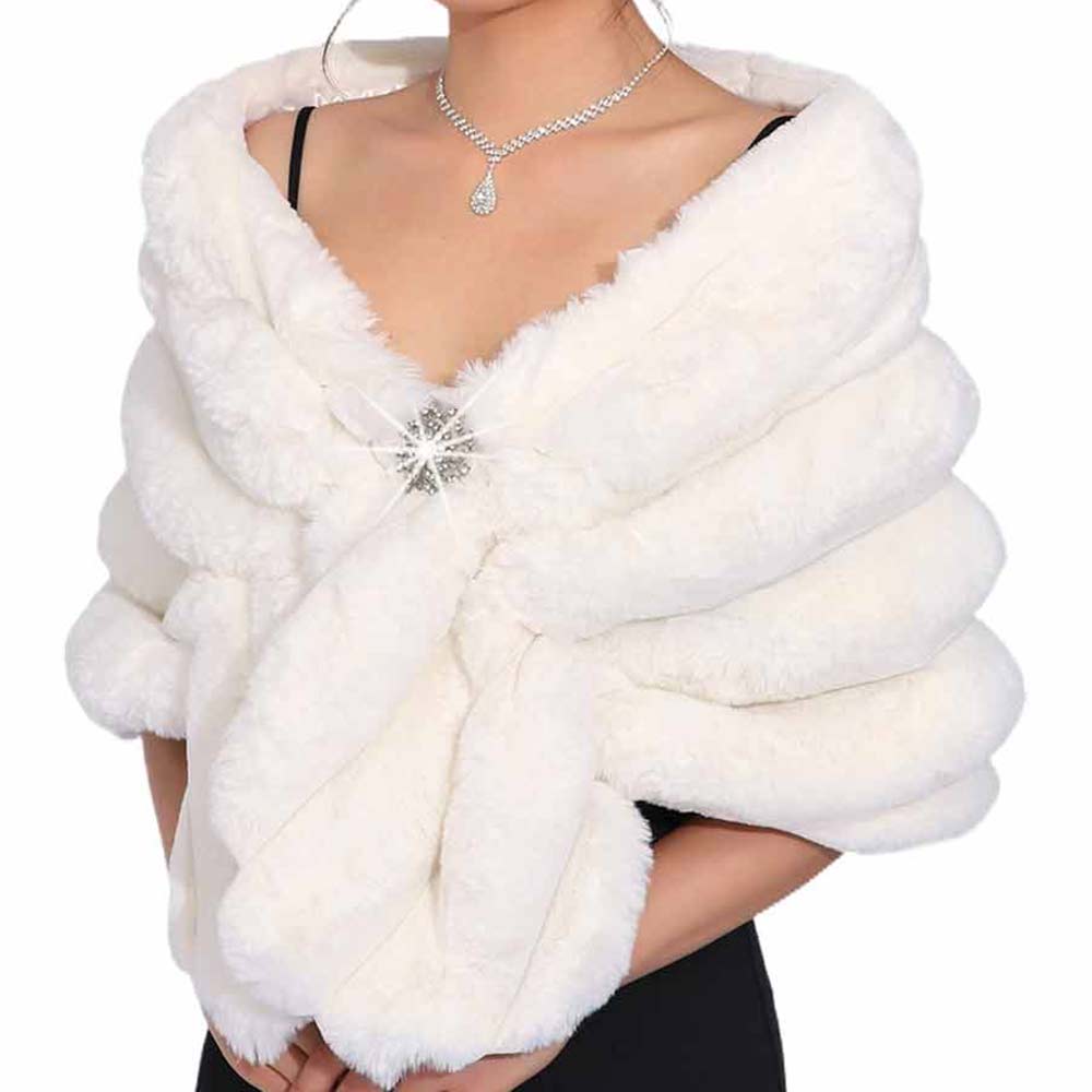 Women Wedding Faux Fur Shawl White Bridal Fur Stoles Wrap with Rhinestones Brooch for Bride and Bridesmaids