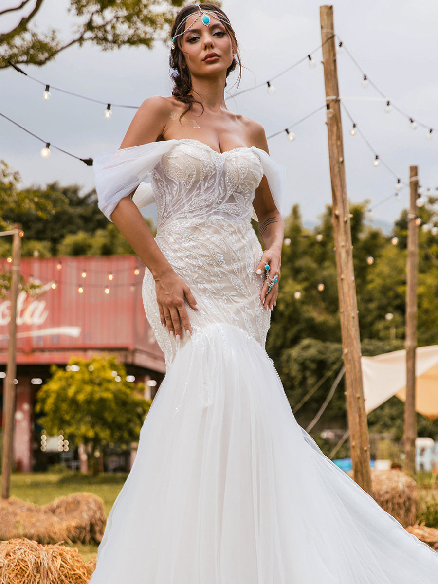 Sparkly Fit And Flare Wedding Dress Tulle Off The Shoulder