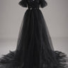 Black Sequin Wedding Dress A line Tulle Flutter Sleeves