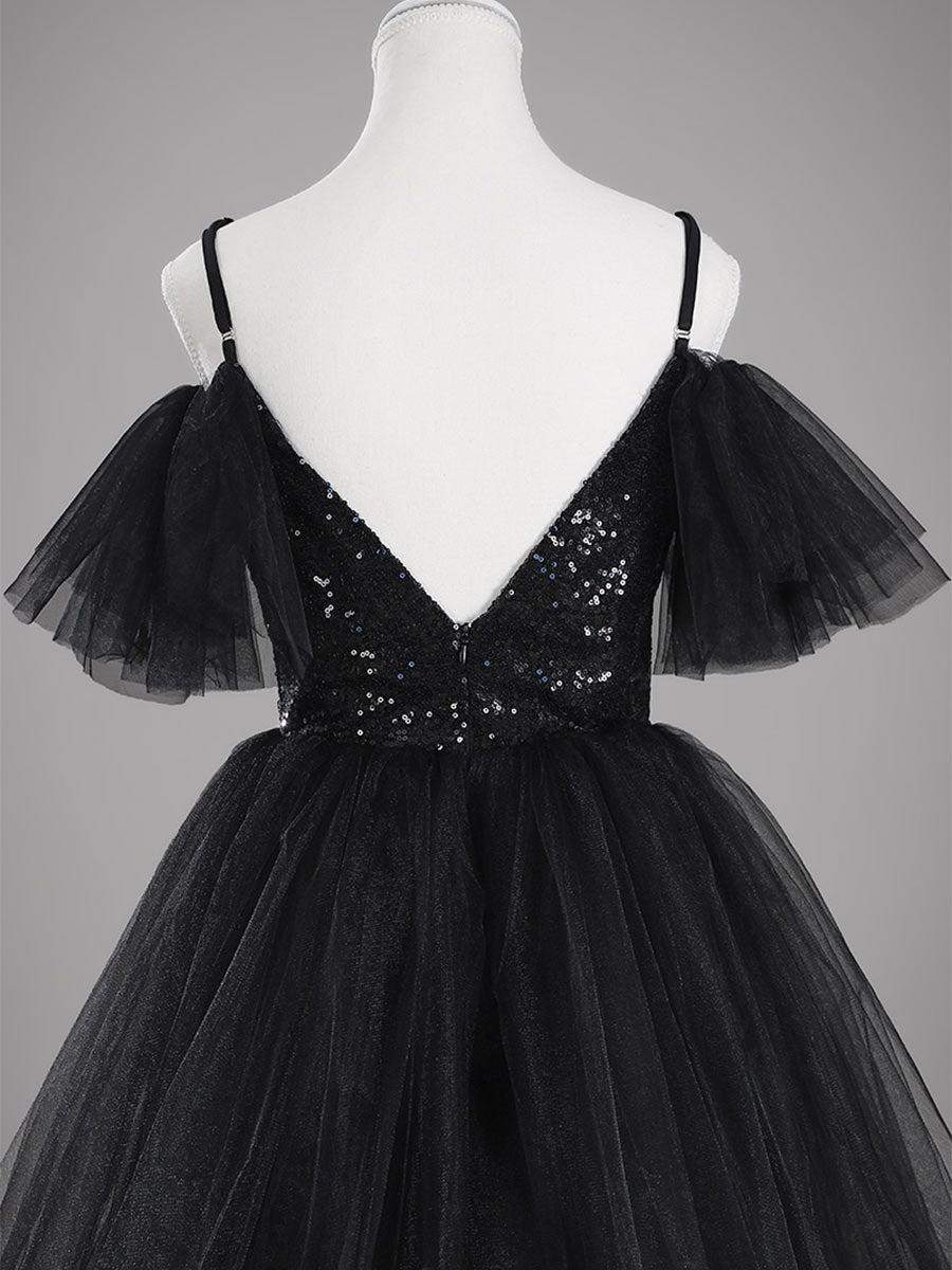 Black Sequin Wedding Dress A line Tulle Flutter Sleeves Black / US:8-10 Black Sequin Wedding Dress A line Tulle Flutter Sleeves Black / US:8-10