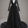 Black Lace Long Sleeve Wedding Dress A line V neck Tulle Gowns