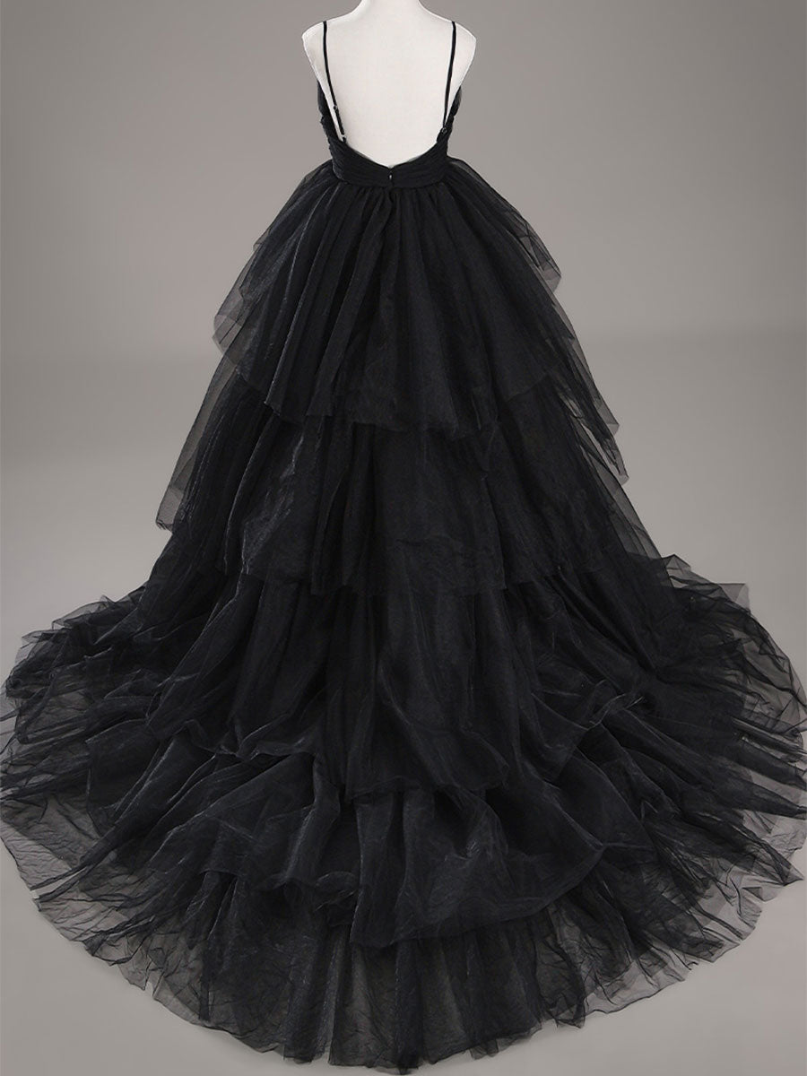 Black V-Neck A-Line Tulle Wedding Dress, Spaghetti Straps