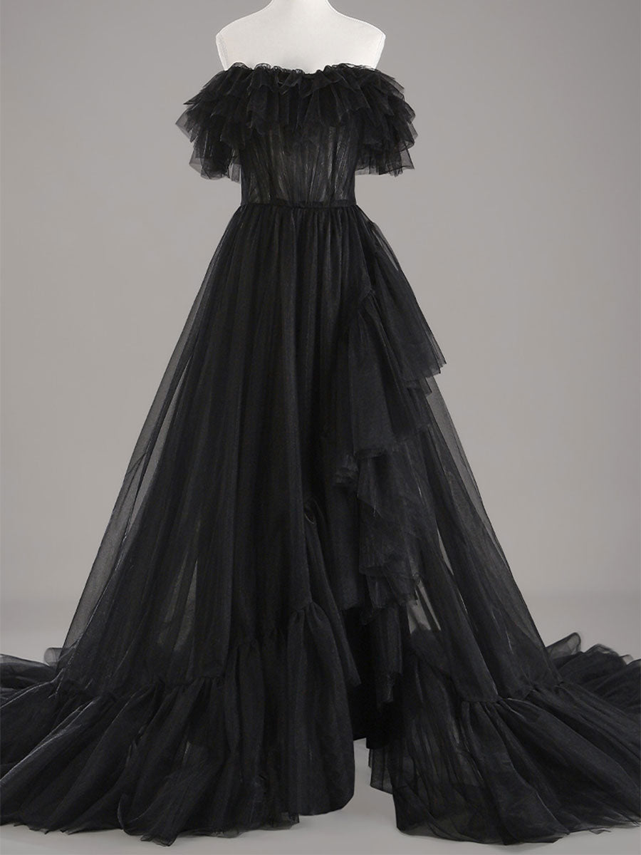 Black Tulle Off-Shoulder Bridal Gown with Layered Skirt and Ruffled Train