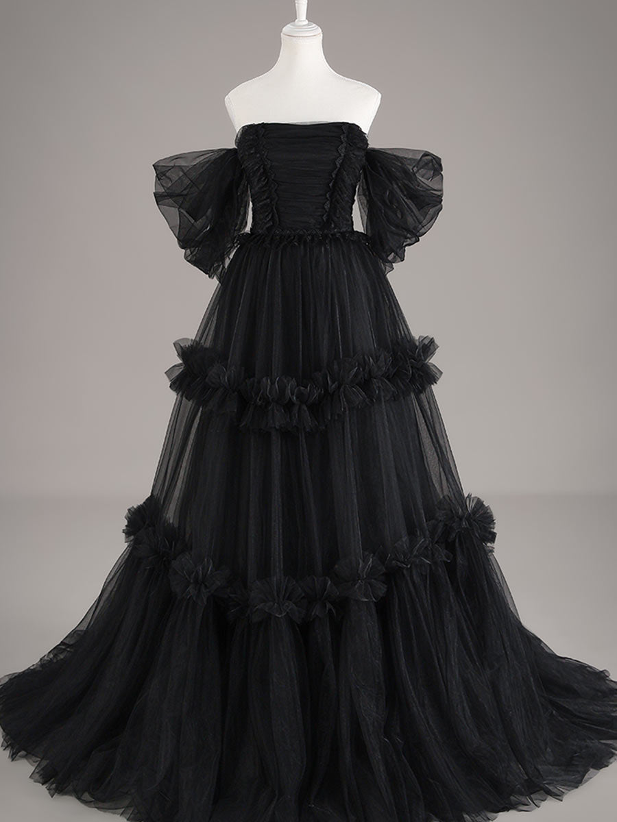 A line Off-shoulder Black Tulle Wedding Dress